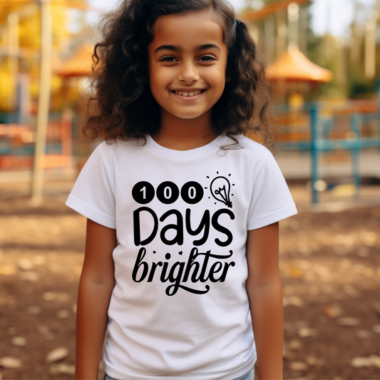 100 Days of School girl wearing 100 days brighter white tee shirt