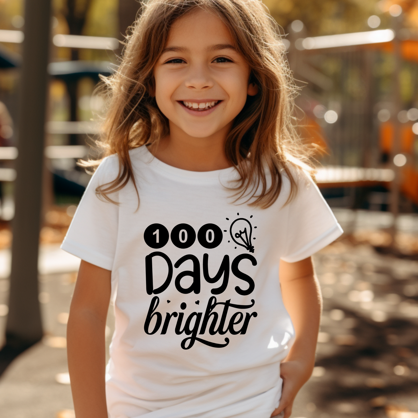 100 Days of School girl wearing 100 days brighter white tee shirt