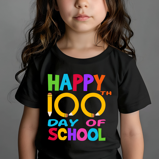 100 Days of School Shirt - "Happy 100th Day of School" Youth Black Tee Shirt to celebrate the milestone of 100 days of school
