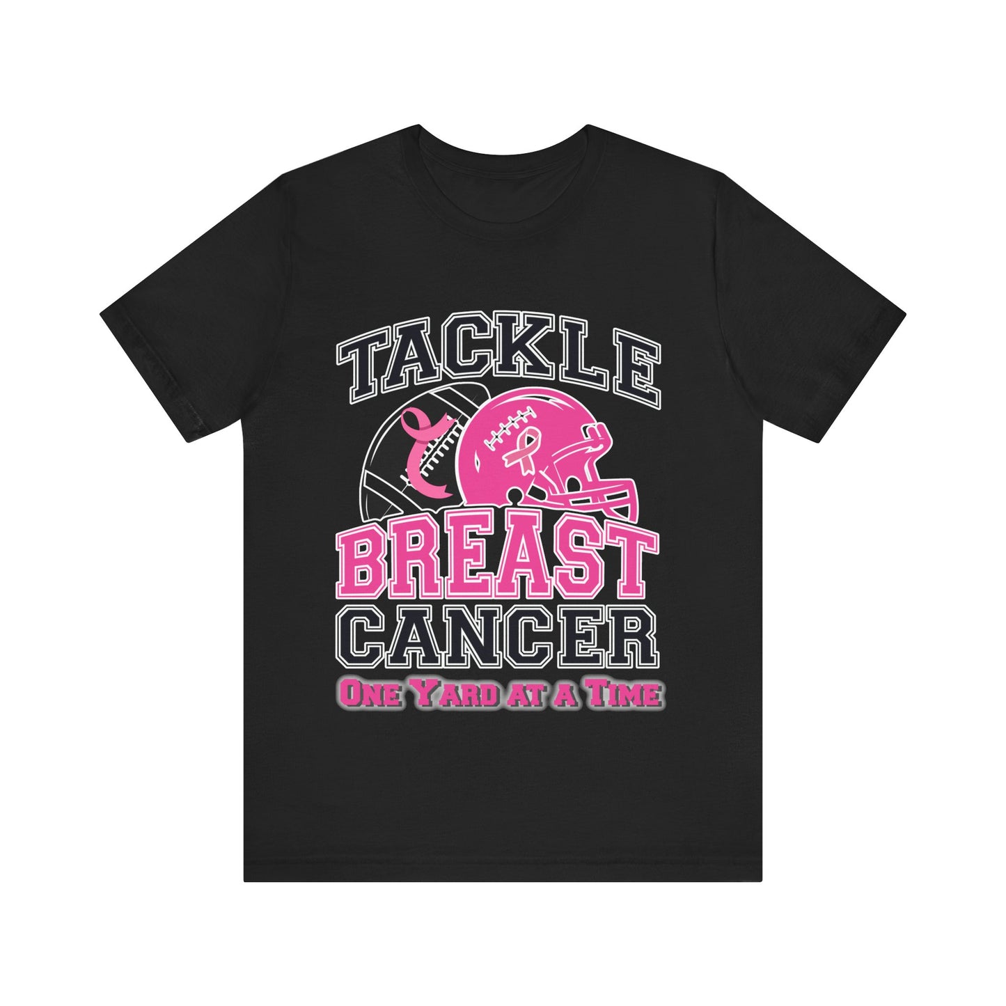 Black t-shirt with pink and white text and graphics on a white background