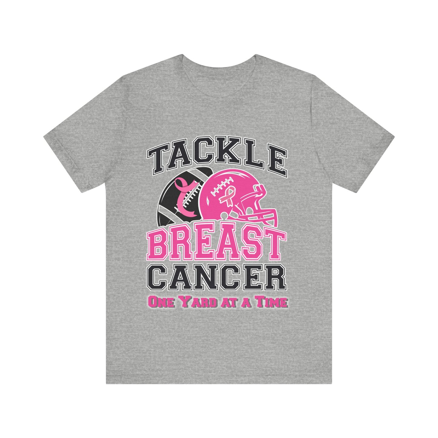 Gray t-shirt with 'Tackle Breast Cancer One Yard at a Time' design featuring a football and pink ribbon on a white background.