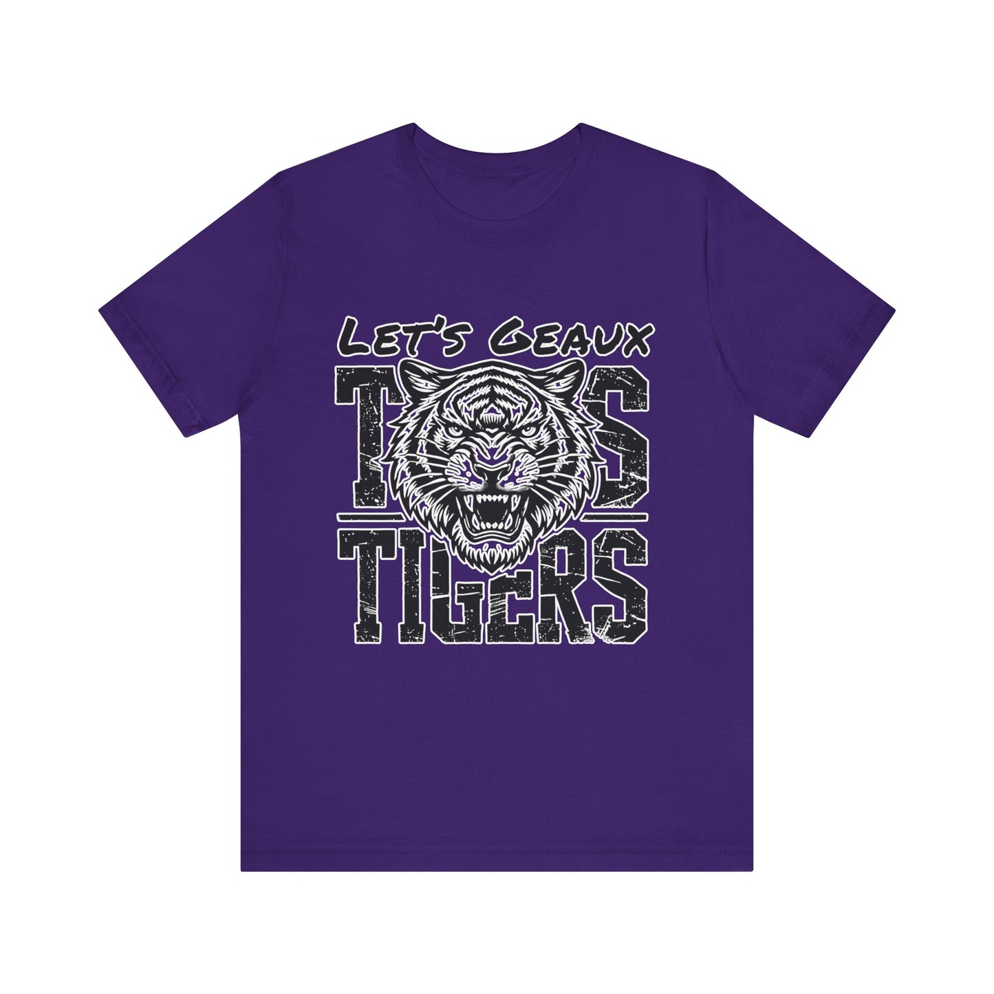 Purple t-shirt with 'Let's Geaux Tigers' graphic on a white background Let's Geaux Tigers T-Shirt - Fierce Tiger Graphic Game Day Tee