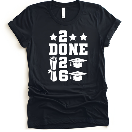 Black t-shirt with white graduation-themed design on a white background