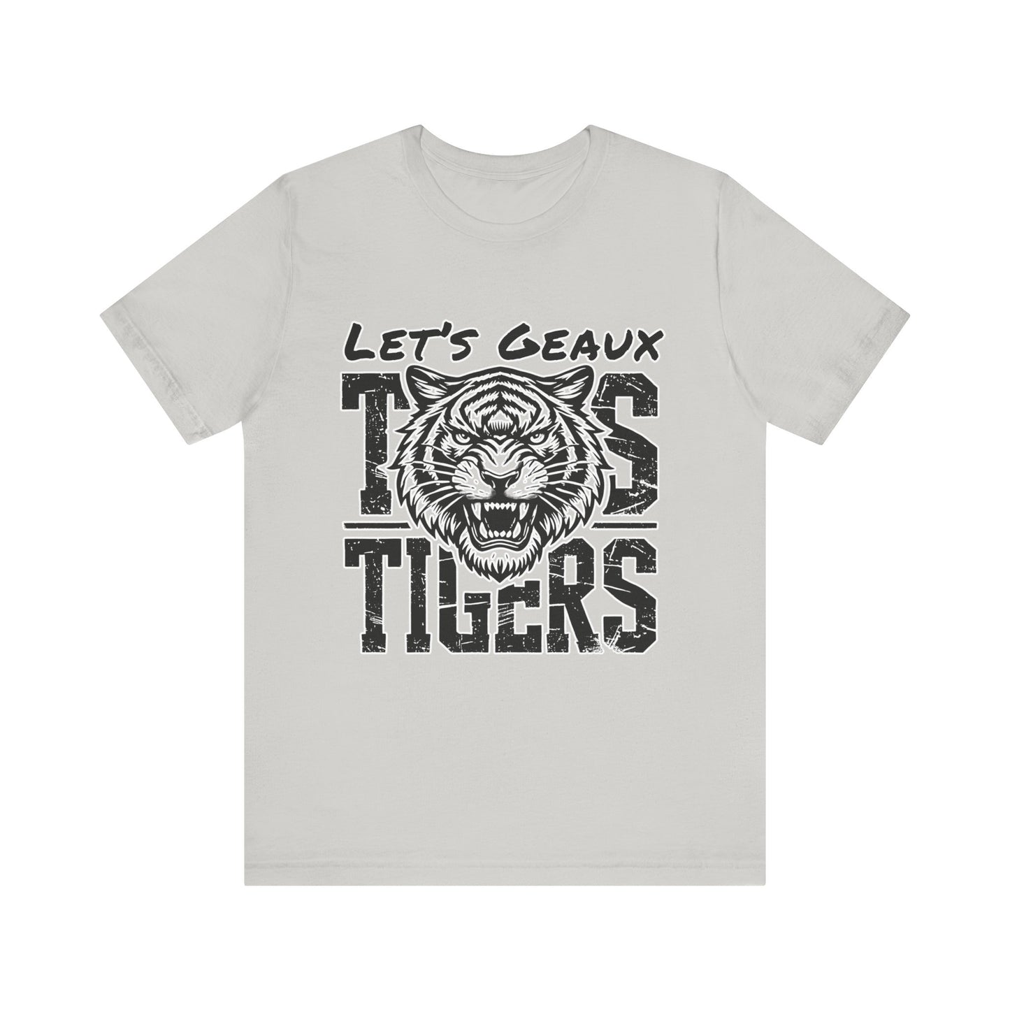 Gray t-shirt with a tiger graphic and text on a white background Let's Geaux Tigers T-Shirt - Fierce Tiger Graphic Game Day Tee