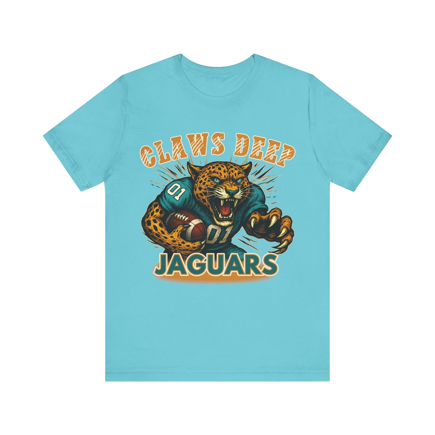 Light blue t-shirt with a jaguar graphic and text on a white background Jaguars Football Graphic Tee: Claw Deep Jaguars Game Day Comfy T-Shirt