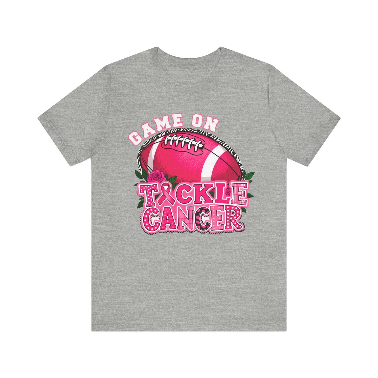 Gray t-shirt with pink football graphic and 'Tackle Cancer' text on a white background