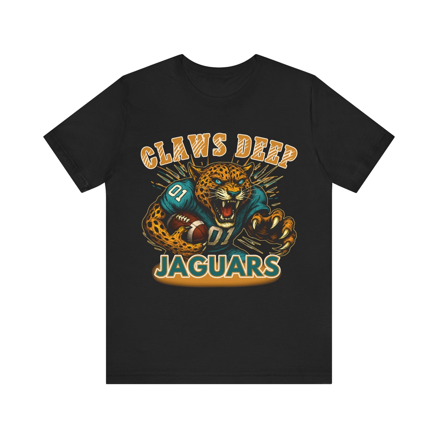 Black t-shirt with Jaguars logo and text on a white background Jaguars Football Graphic Tee: Claw Deep Jaguars Game Day Comfy T-Shirt