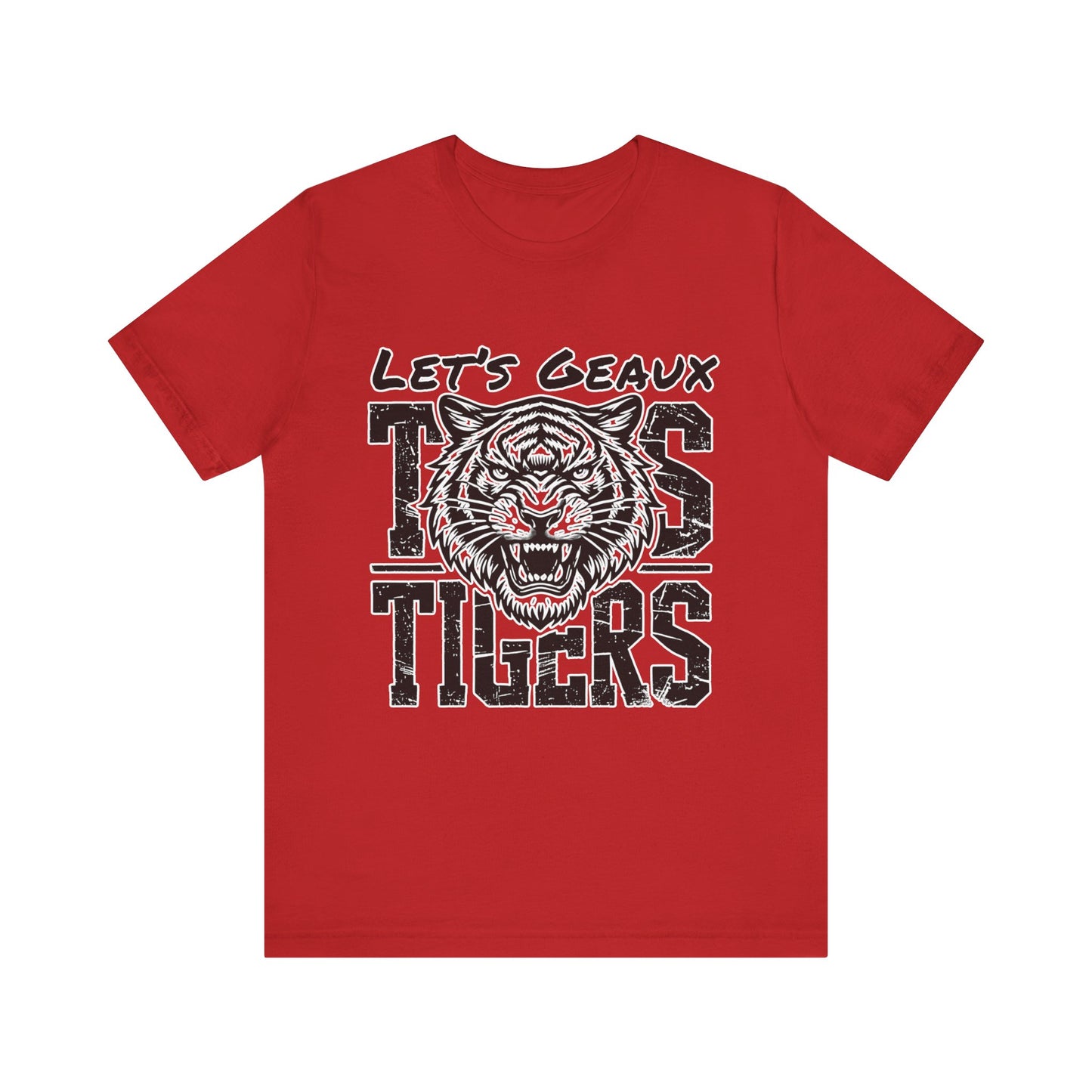 Red t-shirt with a tiger graphic and text on a white background Let's Geaux Tigers T-Shirt - Fierce Tiger Graphic Game Day Tee