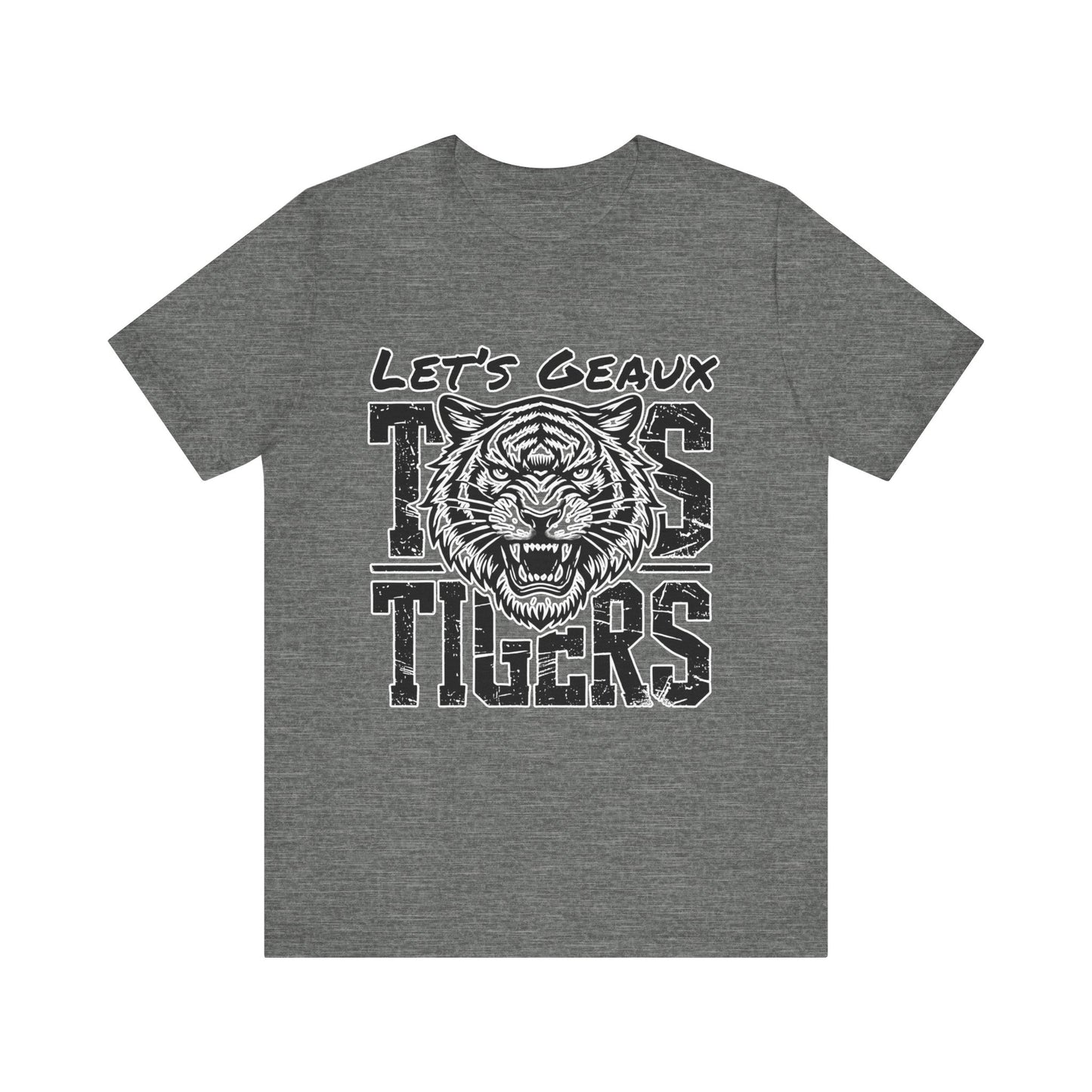 Gray t-shirt with a tiger graphic and text on a white background Let's Geaux Tigers T-Shirt - Fierce Tiger Graphic Game Day Tee