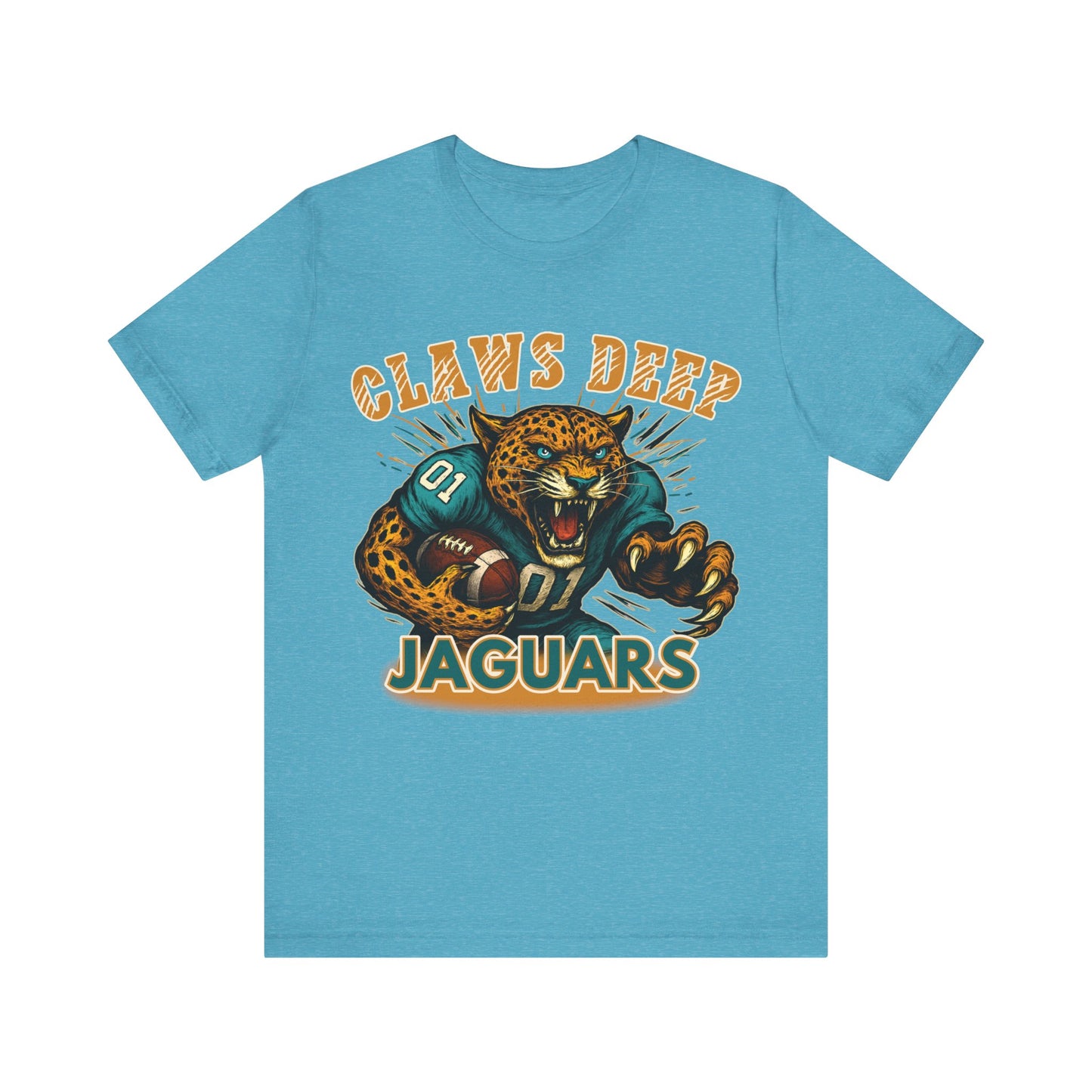 Blue t-shirt with a Jaguars graphic on a white background Jaguars Football Graphic Tee: Claw Deep Jaguars Game Day Comfy T-Shirt