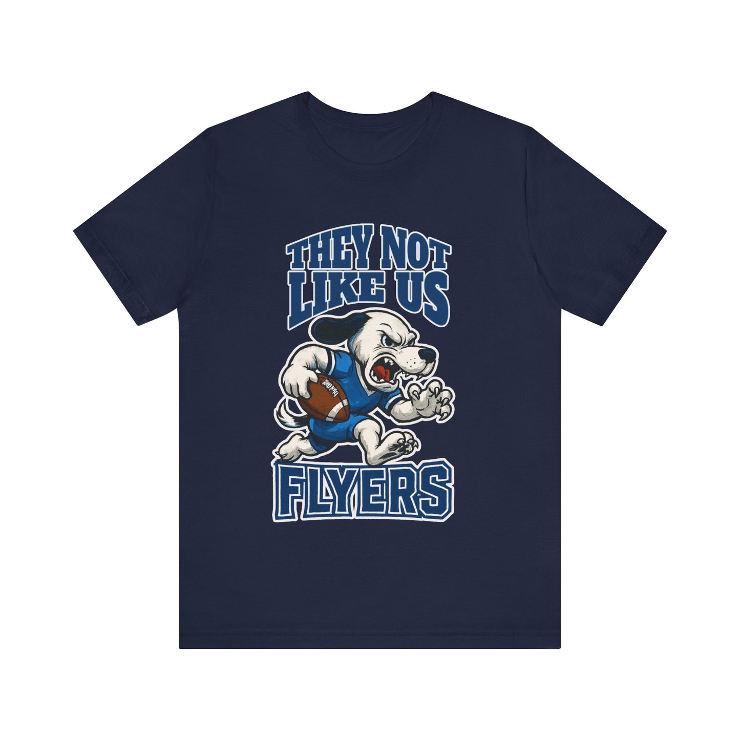 Navy blue t-shirt with a graphic of a dog and text on a white background Flyers Mascot T-Shirt: "They Not Like Us" Flyers Game Day Graphic Tee