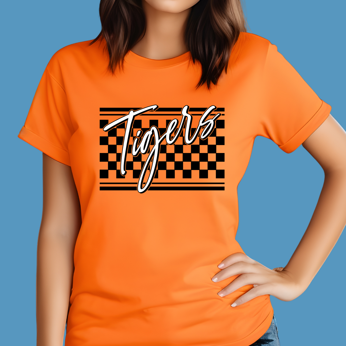 Custom Mascot Shirt - Tigers Checkered School Spirit Tee Shirt