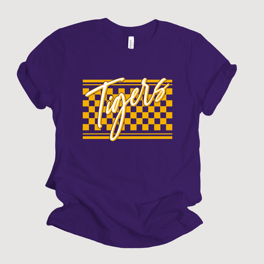 Custom Mascot Shirt - Tigers Checkered School Spirit Tee Shirt