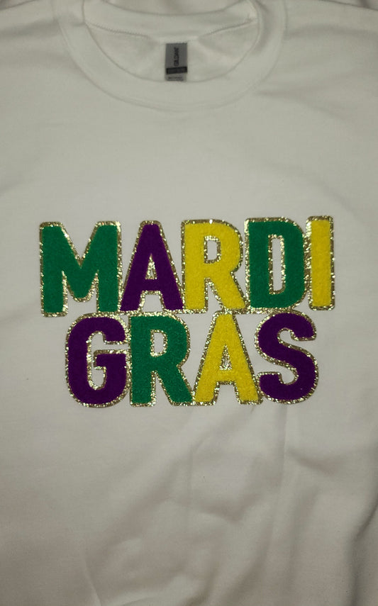 White Sweater with Mardi Gras Chenille Patch