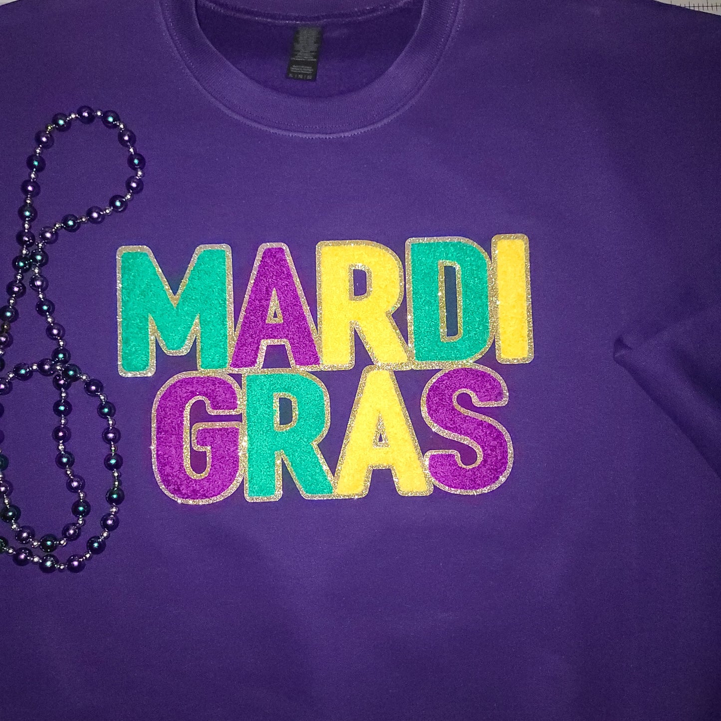 Mardi Gras Chenille Glitter Sweater - Women's Chenille Glitter Patch Sweatshirt!