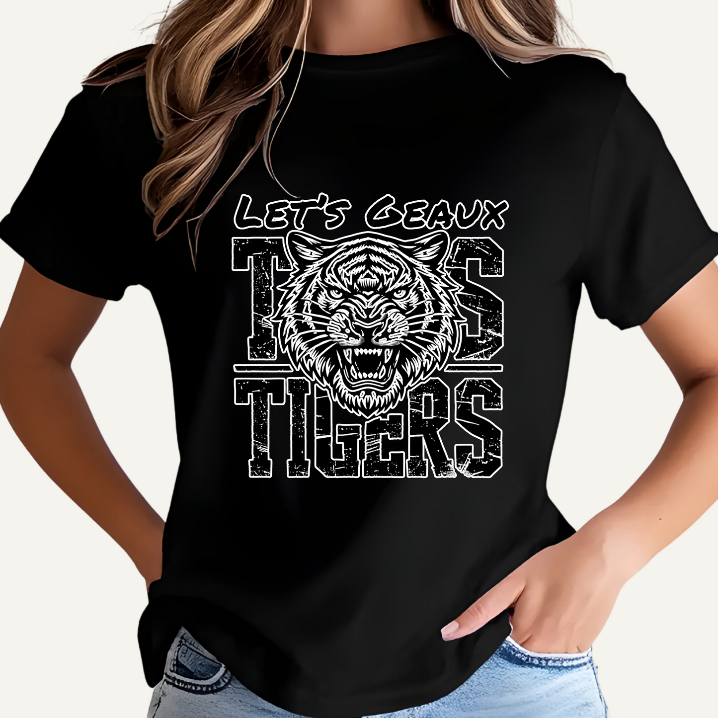 Black t-shirt with a tiger graphic and text on a plain background Let's Geaux Tigers T-Shirt - Fierce Tiger Graphic Game Day Tee