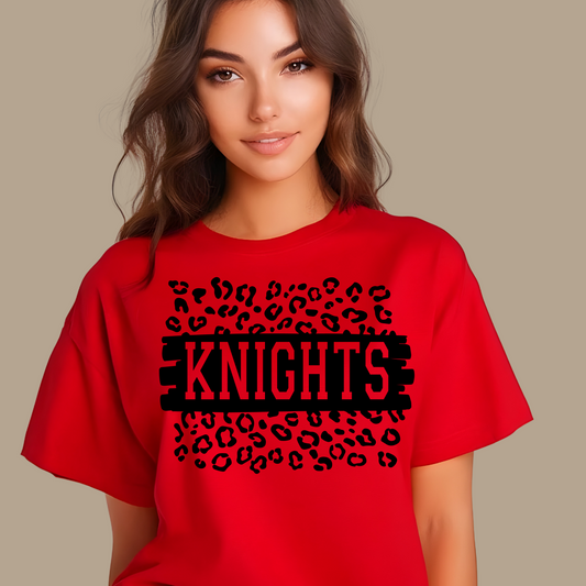 Person wearing a red t-shirt with 'KNIGHTS' and black leopard print design on a beige background Knights School Spirit Shirt - Knights Leopard - School Pride Graphic T-Shirt