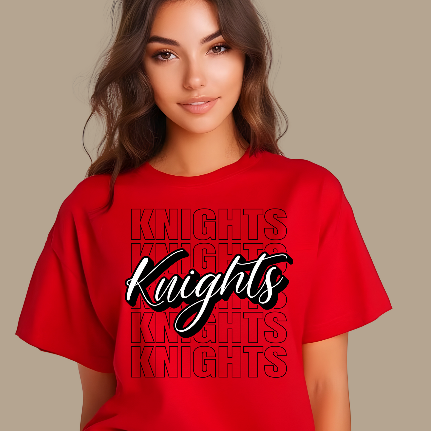 Person wearing a red t-shirt with 'Knights' printed on it against a beige background Knights School Spirit Shirt - Knights Cursive Stacked - School Pride T-Shirt