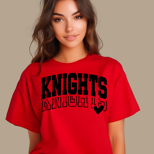 Person wearing a red t-shirt with 'KNIGHTS' printed on it against a beige background Knights School Spirit Shirt - Knights Varsity - Knights Spirit Tee