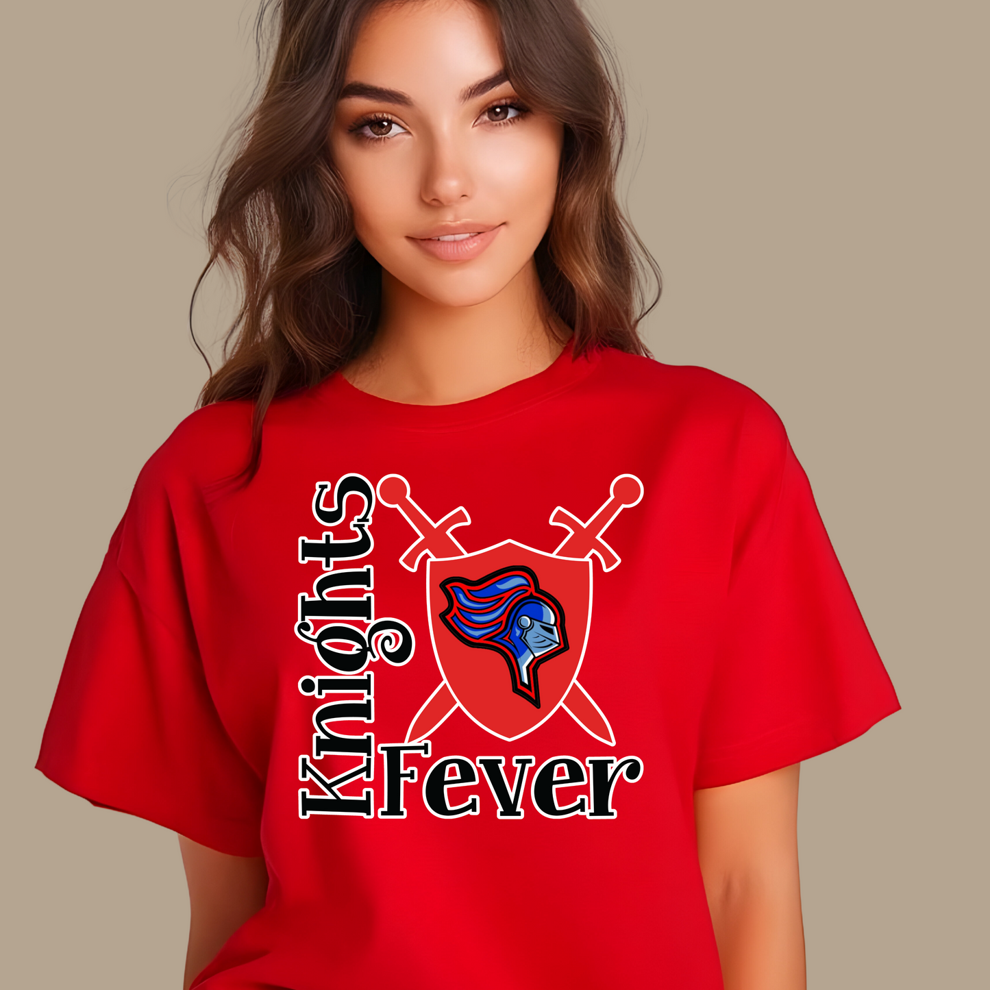 Person wearing a red 'Knights Fever' t-shirt with a logo on a beige background Knights School Spirit Shirt - Knights Fever - Rep the Knights Tee