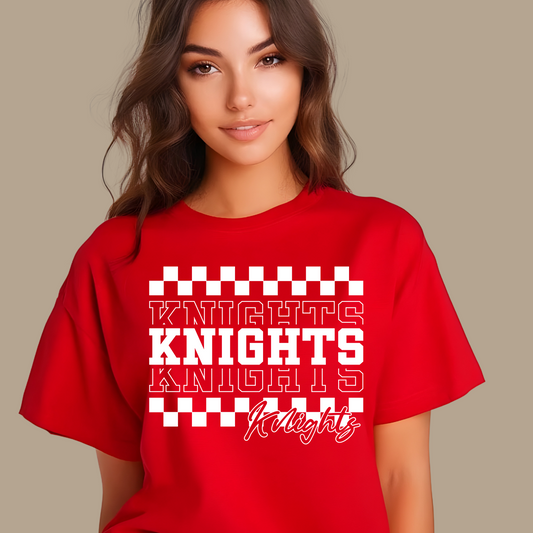 Person wearing a red t-shirt with 'KNIGHTS' text design on a beige background Knights School Spirit Shirt - Knights Checkered - School Pride T-Shirt
