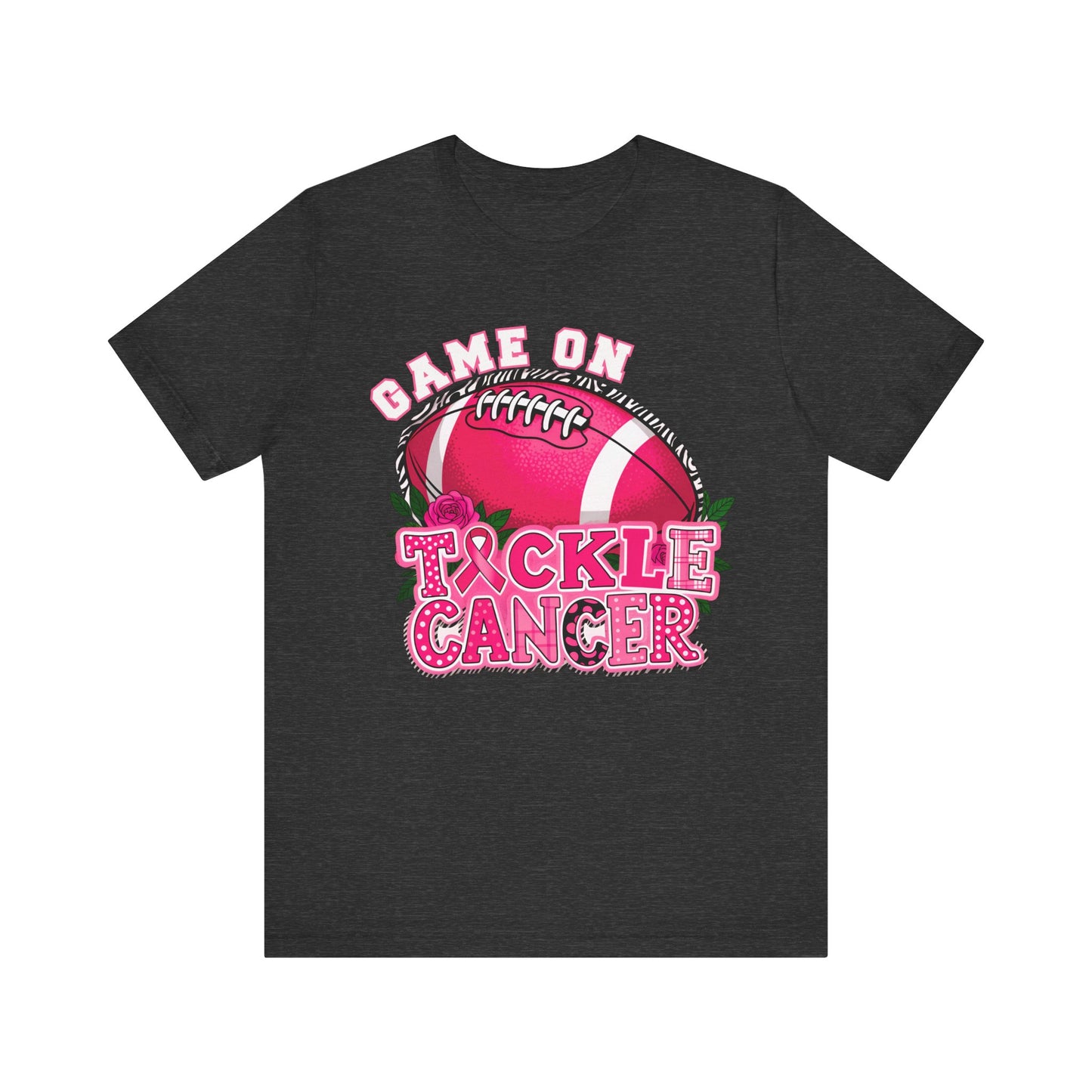 Black t-shirt with pink and white graphic design on a white background