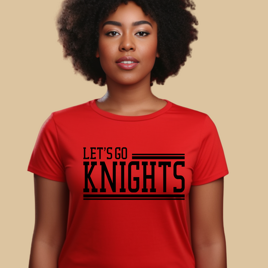 Person wearing a red t-shirt with 'LET'S GO KNIGHTS' text on a beige background Knights School Spirit Shirt - Let's Go Knights - Knights Spirit Tee