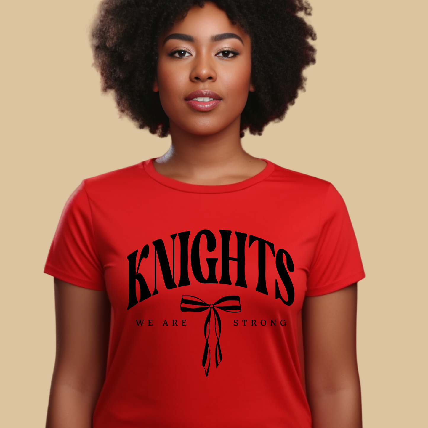 Person wearing a red t-shirt with 'KNIGHTS WE ARE STRONG' text on a beige background Knights School Spirit Shirt - Knights We Are Strong - Knights Spirit Tee