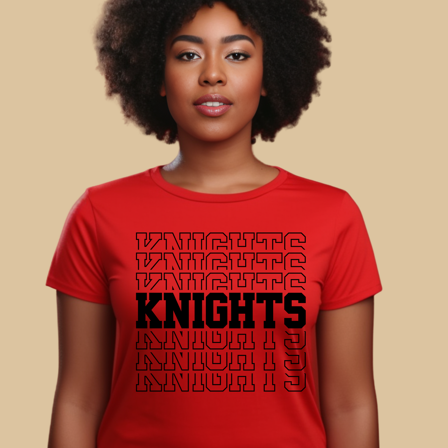 Person wearing a red t-shirt with 'Knights' text design on a beige background Knights School Spirit Shirt - Knights Stacked - Knights Spirit Tee