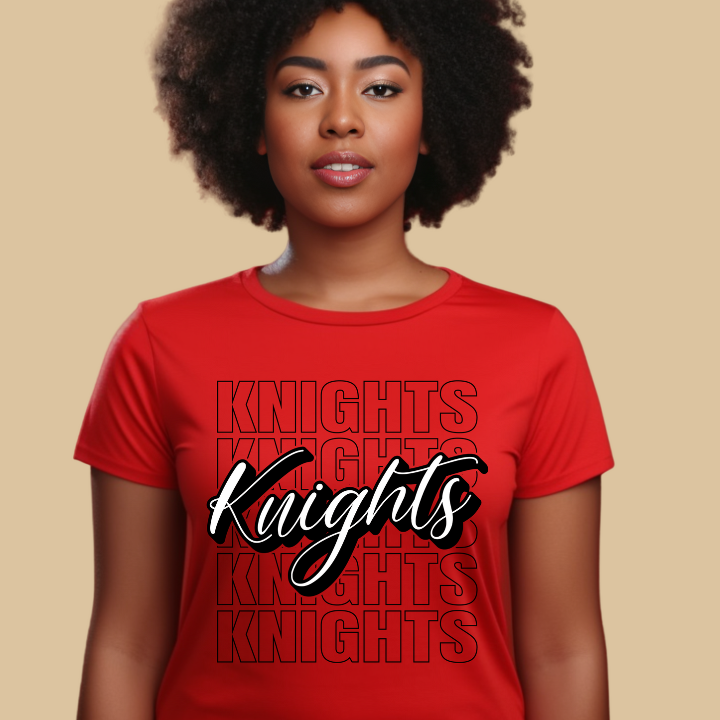Person wearing a red t-shirt with 'Knights' text design on a beige background Knights School Spirit Shirt - Knights Cursive Stacked - School Pride T-Shirt