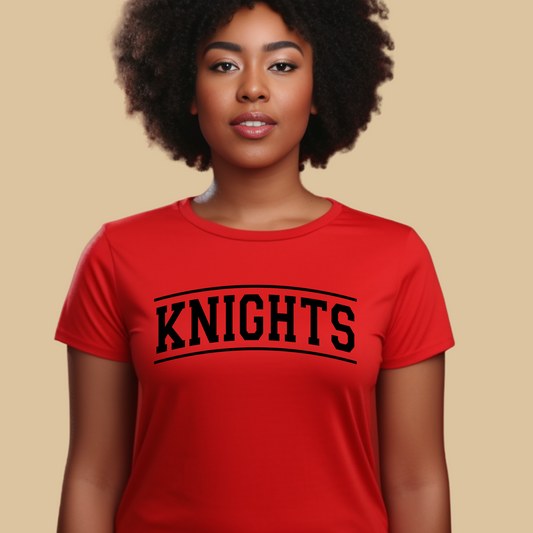 Person wearing a red t-shirt with 'KNIGHTS' text on a beige background Knights School Spirit Shirt - Knights Fan Merch - School Pride Graphic T-Shirt