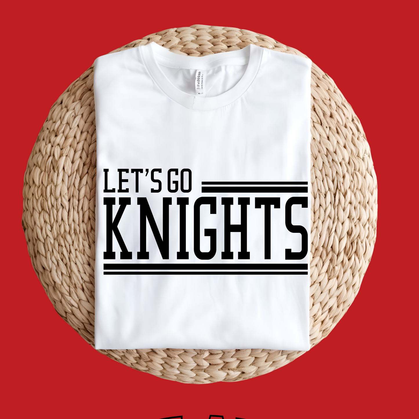 White t-shirt with 'LET'S GO KNIGHTS' text on a red background Knights School Spirit Shirt - Let's Go Knights - Knights Spirit Tee