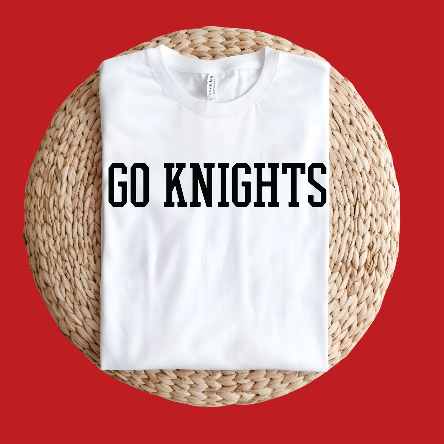 White t-shirt with 'GO KNIGHTS' text on a woven surface with a red background Knights School Spirit Shirt - Go Knights - School Pride T-Shirt