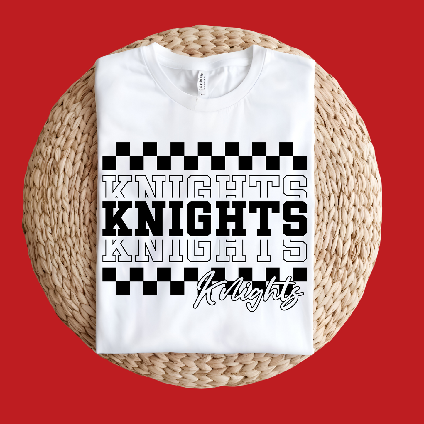 White t-shirt with 'KNIGHTS' text design on a red background Knights School Spirit Shirt - Knights Checkered - School Pride T-Shirt
