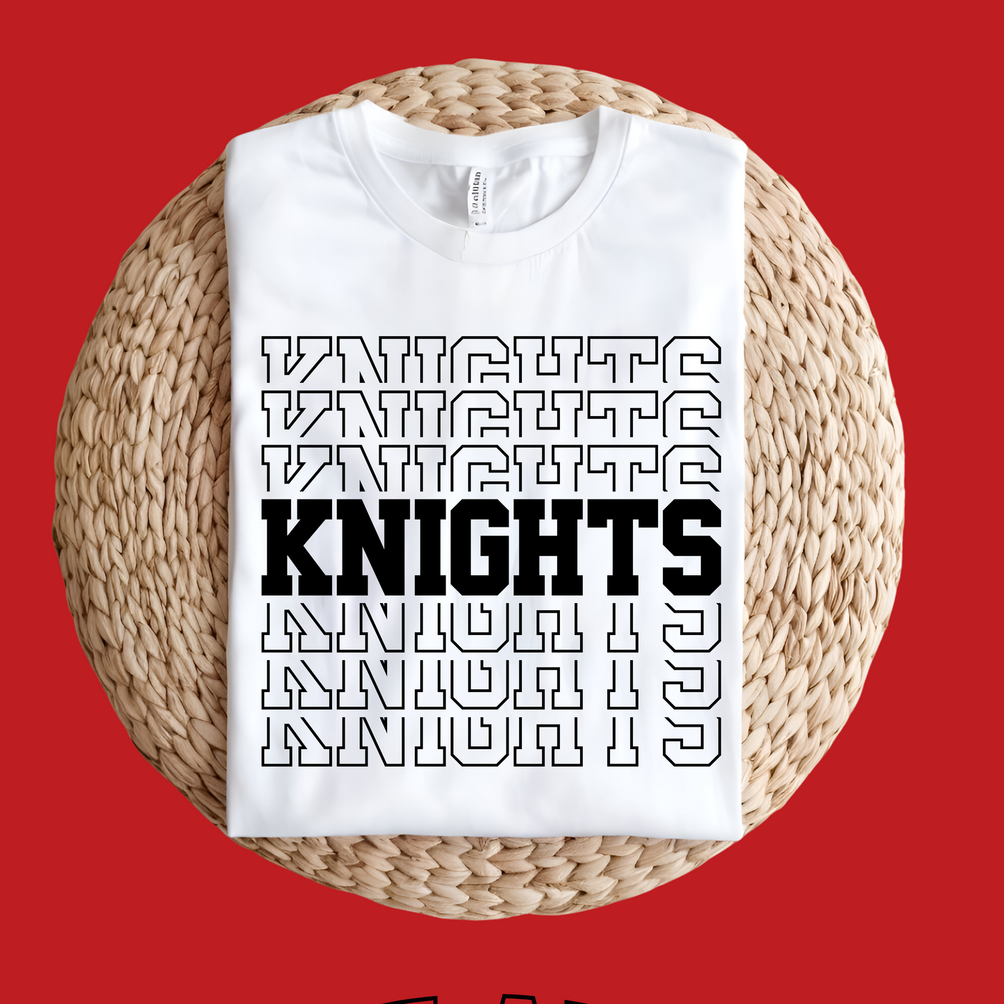 White t-shirt with 'KNIGHTS' text on a red background Knights School Spirit Shirt - Knights Stacked - Knights Spirit Tee