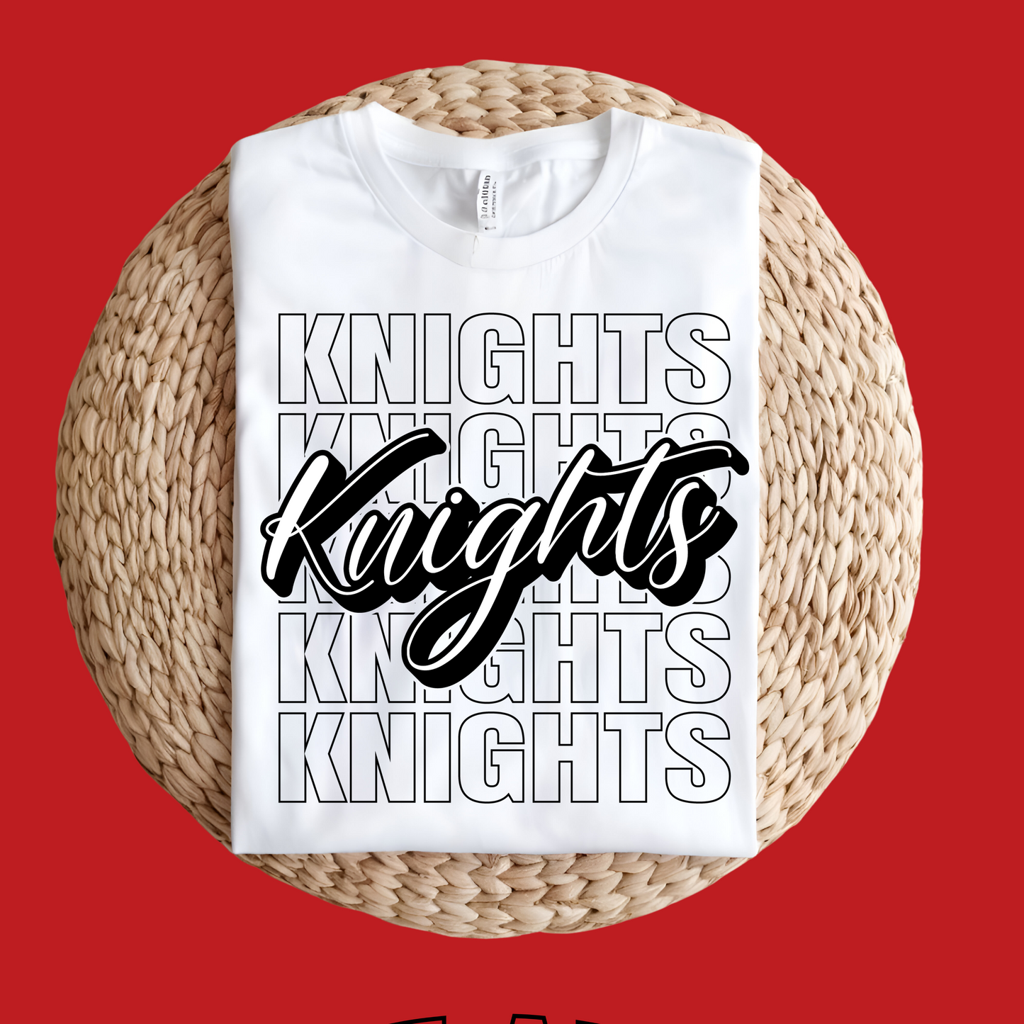 White t-shirt with 'Knights' text design on a red background Knights School Spirit Shirt - Knights Cursive Stacked - School Pride T-Shirt
