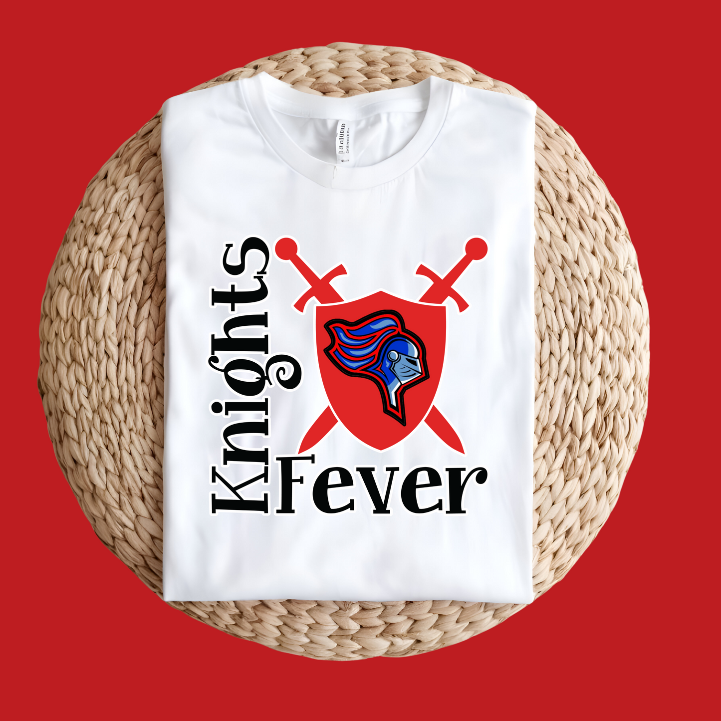 White t-shirt with 'Knights Fever' design on a red background Knights School Spirit Shirt - Knights Fever - Rep the Knights Tee