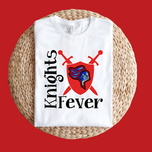 White t-shirt with 'Knights Fever' design on a red background Knights School Spirit Shirt - Knights Fever - Rep the Knights Tee