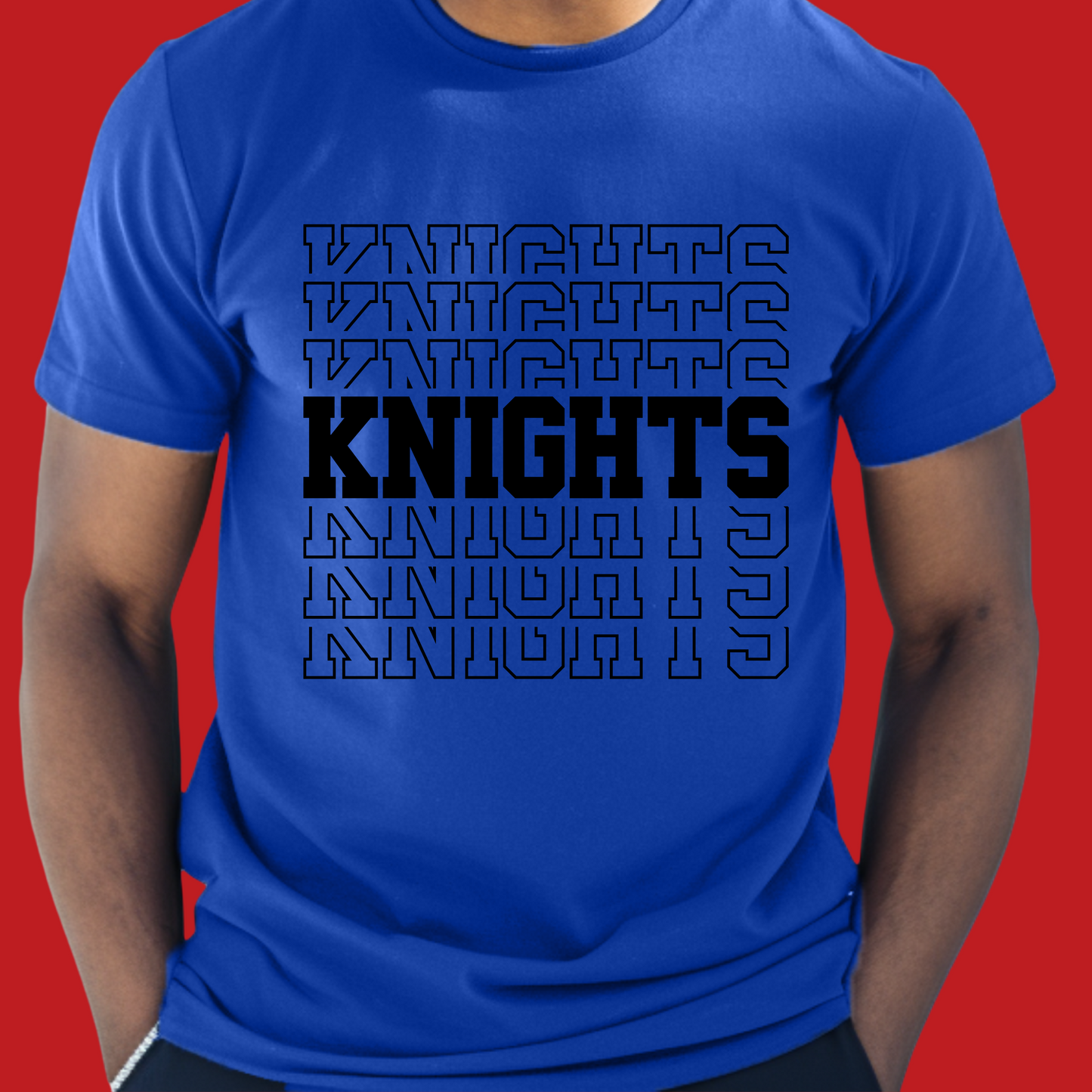 Person wearing a blue t-shirt with 'KNIGHTS' printed in black on a red background Knights School Spirit Shirt - Knights Stacked - Knights Spirit Tee