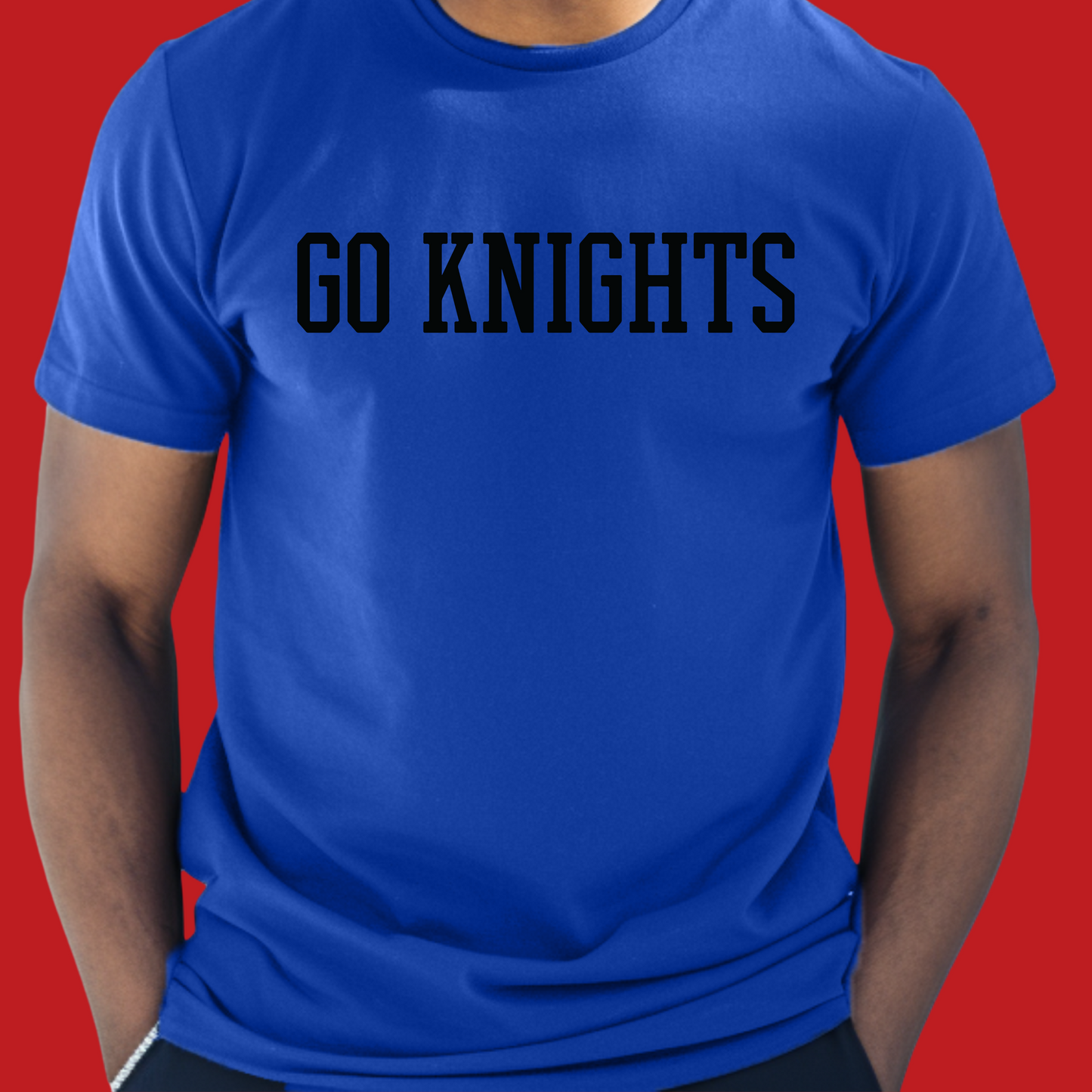 Person wearing a blue t-shirt with 'GO KNIGHTS' text on a red background Knights School Spirit Shirt - Go Knights - School Pride T-Shirt