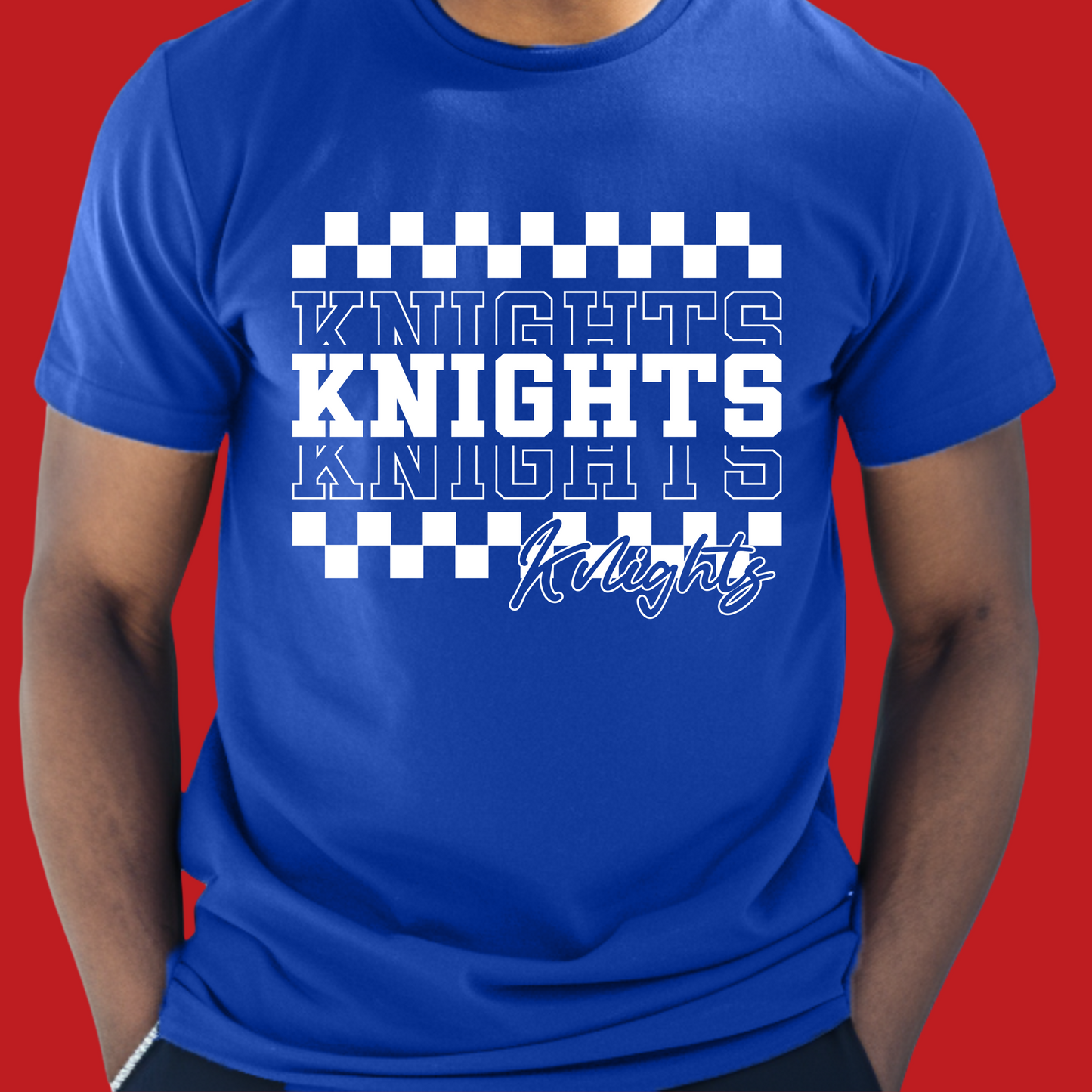 Person wearing a blue t-shirt with 'Knights' text design on a red background Knights School Spirit Shirt - Knights Checkered - School Pride T-Shirt