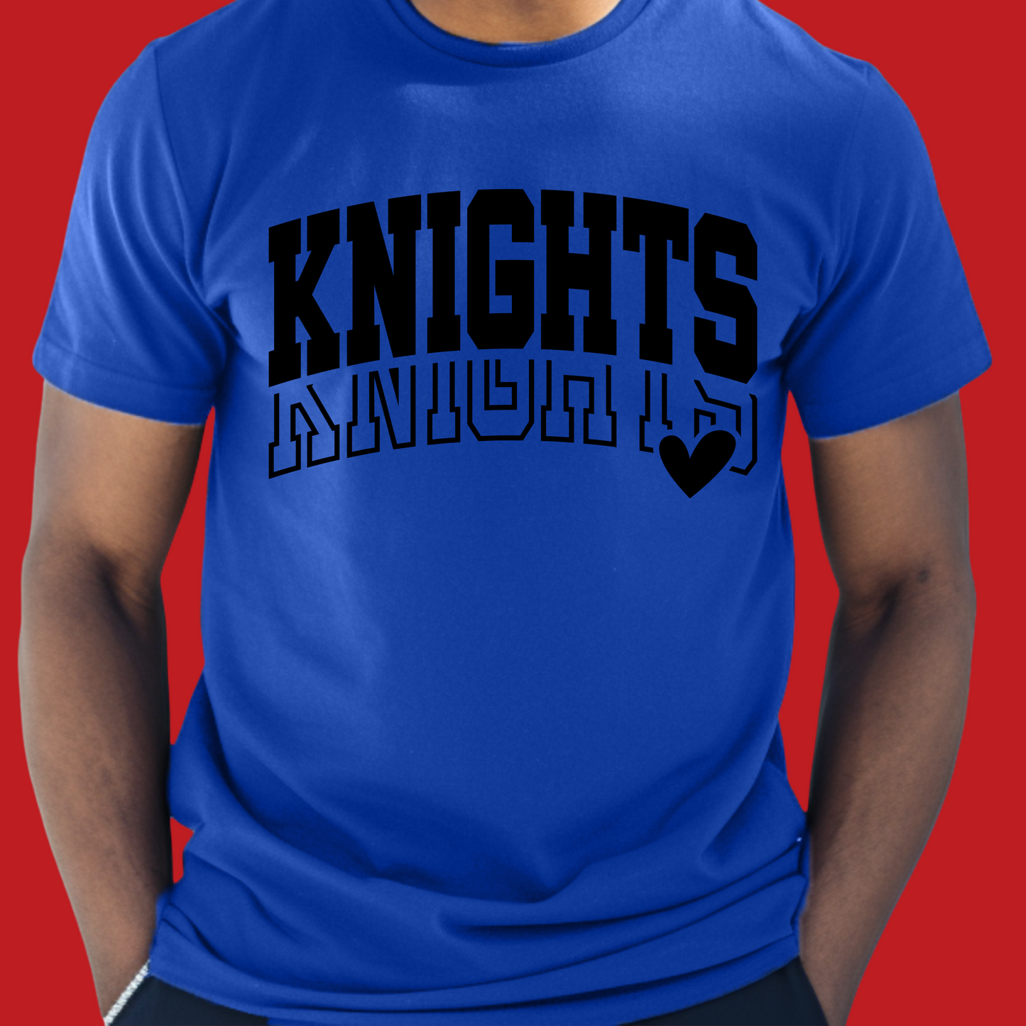 Person wearing a blue t-shirt with 'KNIGHTS' printed in black on a red background Knights School Spirit Shirt - Knights Varsity - Knights Spirit Tee