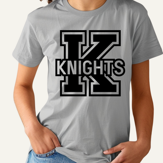 Gray t-shirt with 'KNIGHTS' logo on a plain background Knights School Spirit Shirt - Knights Logo: Loud & Proud Knights
