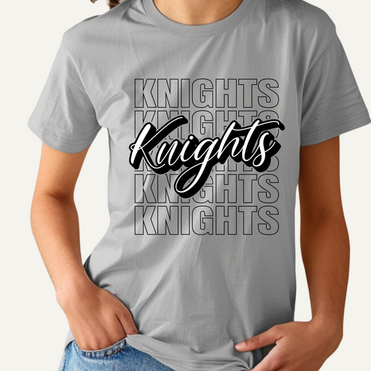 Gray t-shirt with 'Knights' text design on a plain background Knights School Spirit Shirt - Knights Cursive Stacked - School Pride T-Shirt