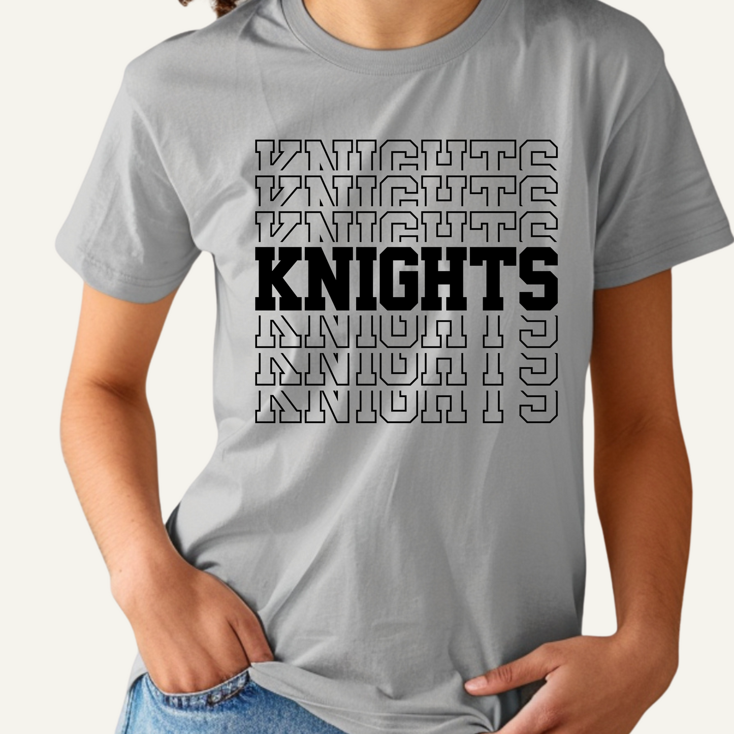 Gray t-shirt with 'Knights' text design on a plain background Knights School Spirit Shirt - Knights Stacked - Knights Spirit Tee
