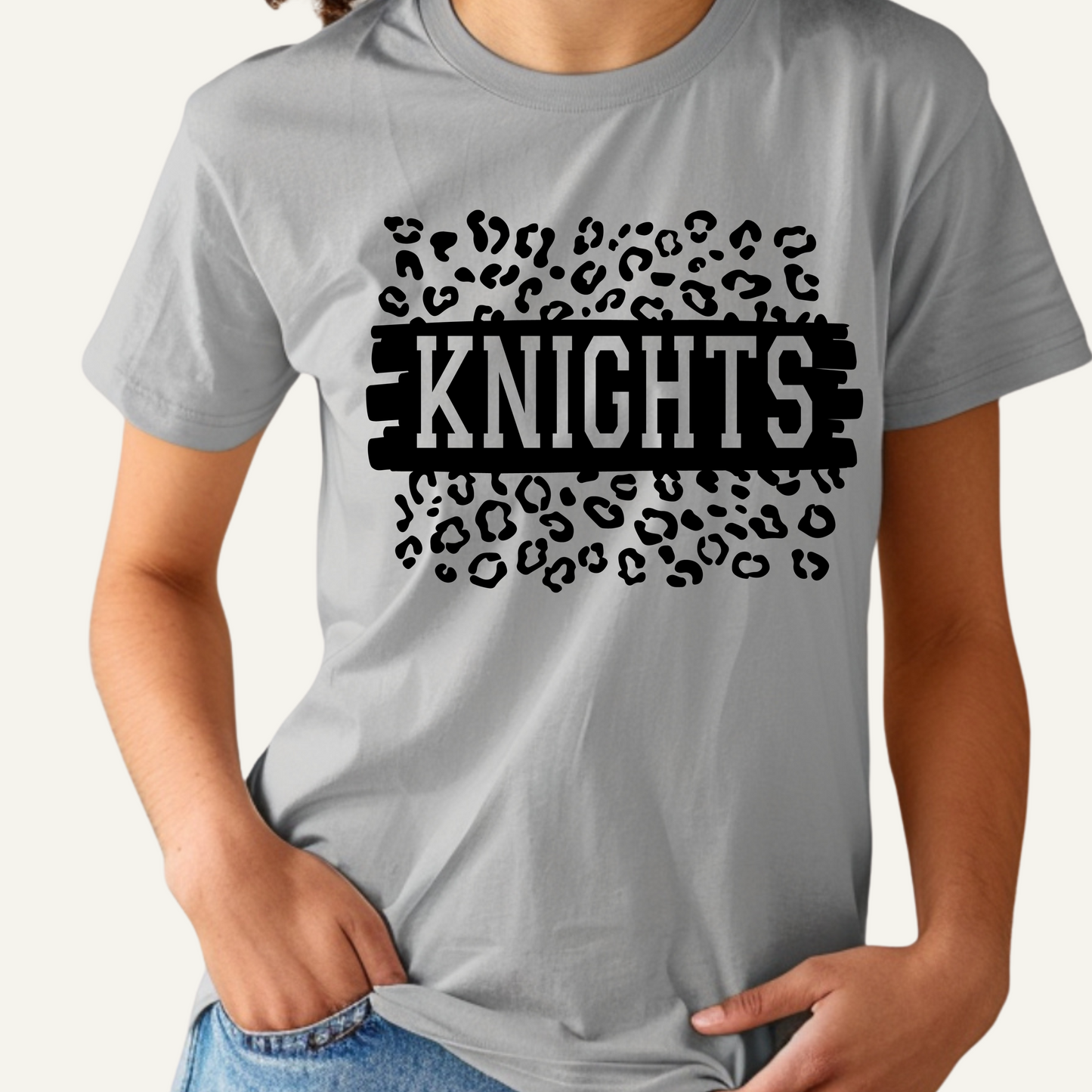Gray t-shirt with 'KNIGHTS' printed in black on a white background Knights School Spirit Shirt - Knights Leopard - School Pride Graphic T-Shirt