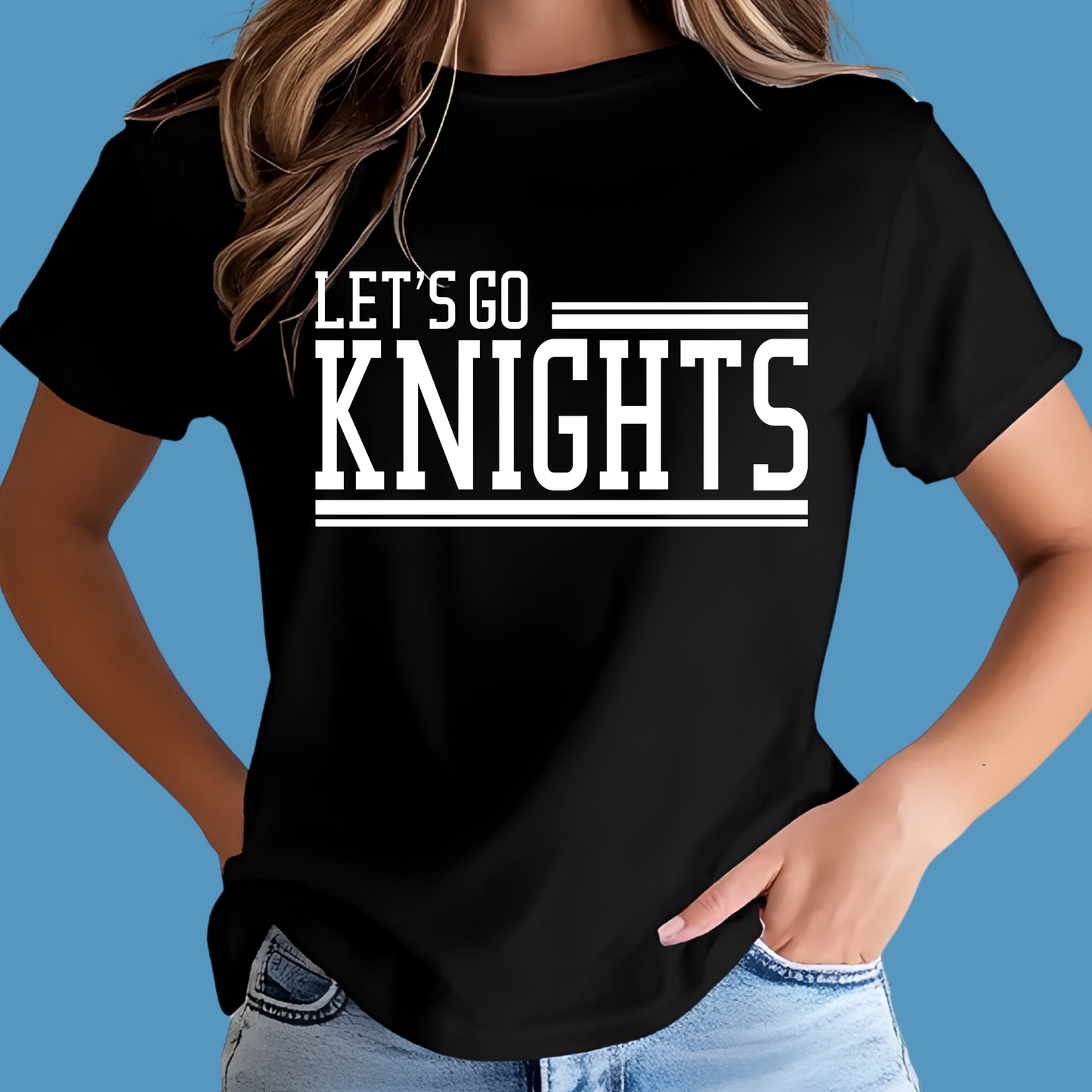 Black t-shirt with 'Let's Go Knights' text worn by a person on a blue background Knights School Spirit Shirt - Let's Go Knights - Knights Spirit Tee
