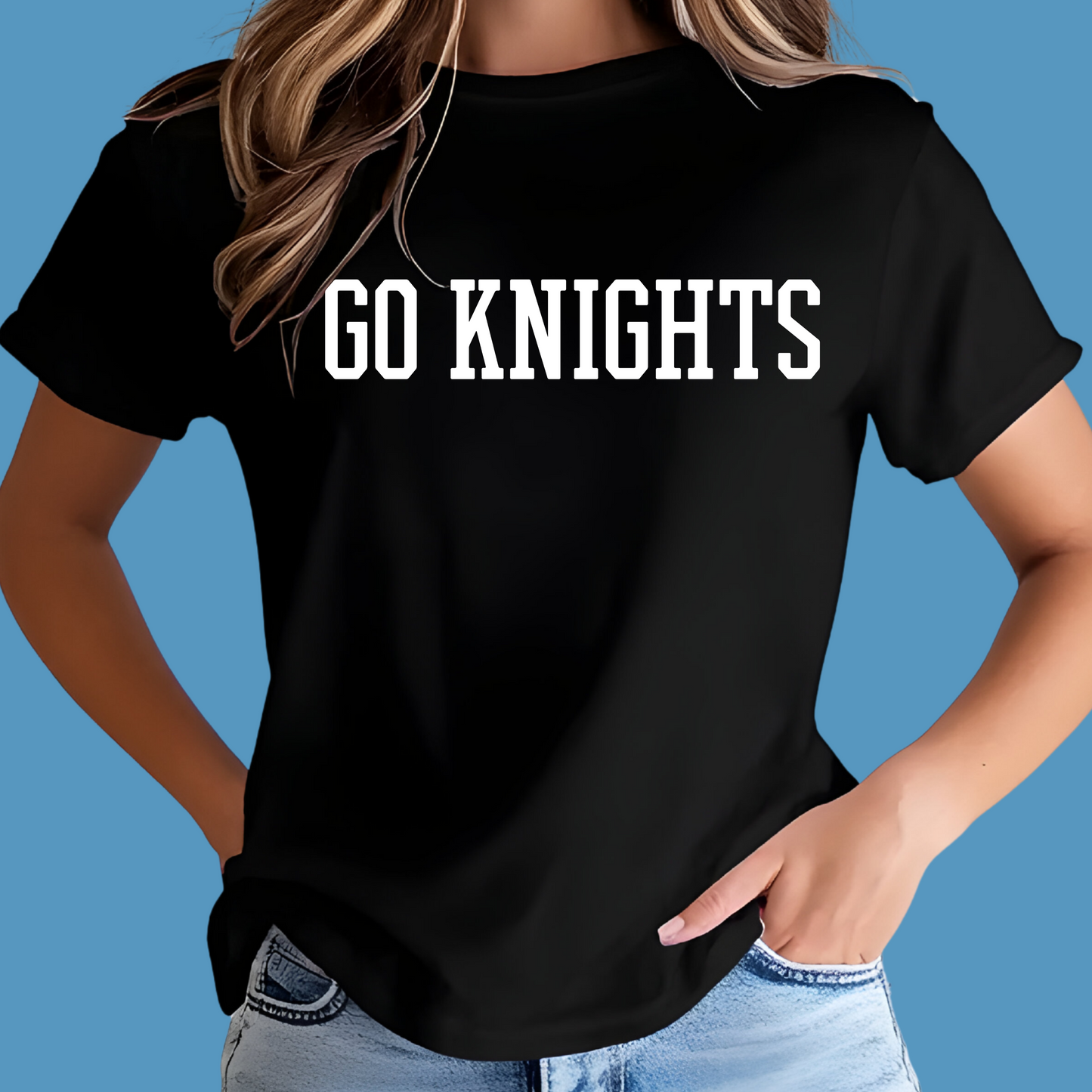 Person wearing a black t-shirt with 'GO KNIGHTS' text on a blue background Knights School Spirit Shirt - Go Knights - School Pride T-Shirt