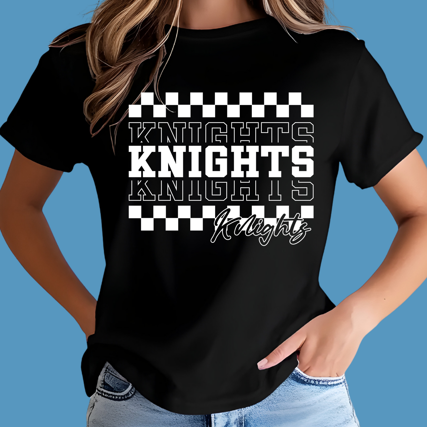 Black t-shirt with 'Knights' text design on a blue background Knights School Spirit Shirt - Knights Checkered - School Pride T-Shirt