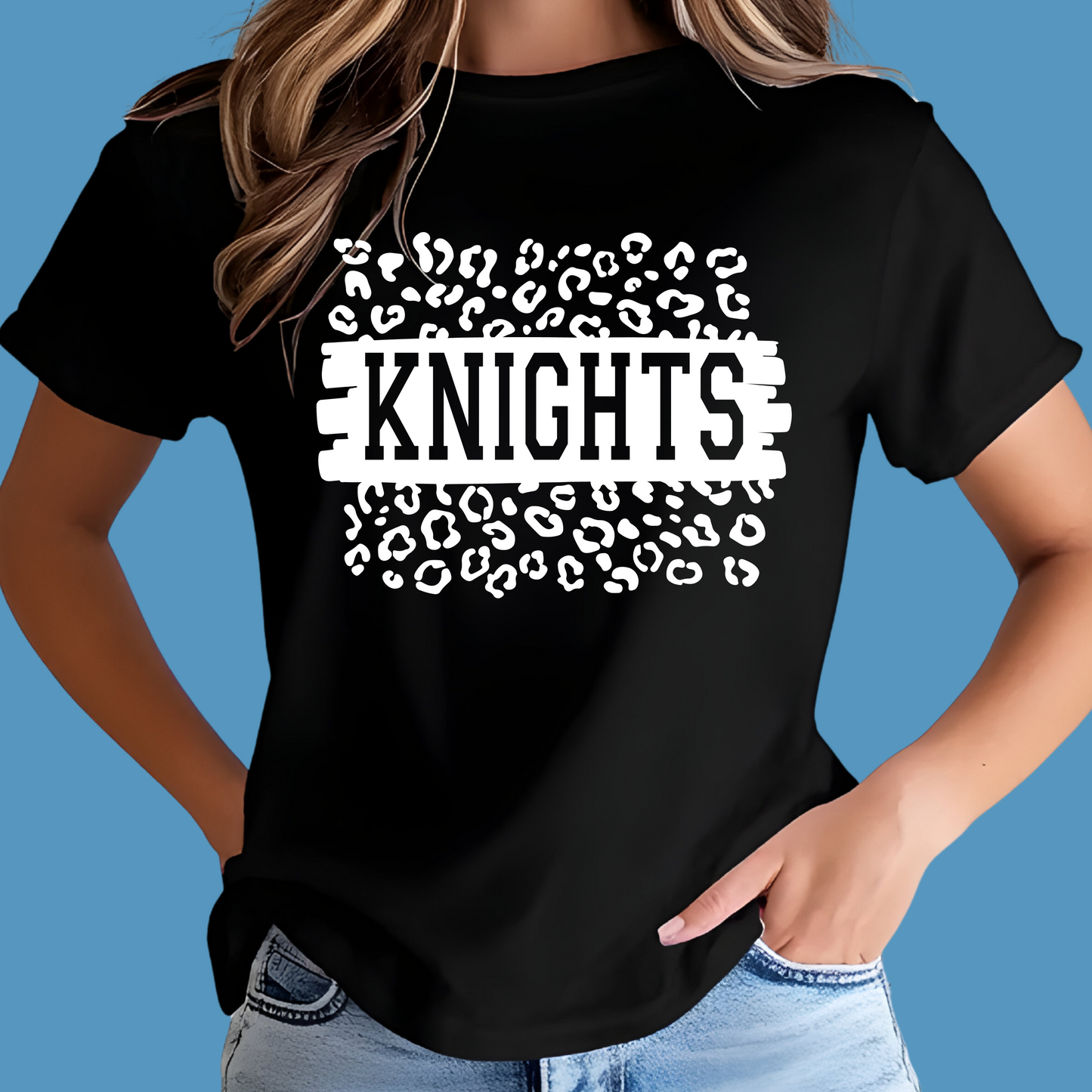 Black t-shirt with 'KNIGHTS' design on a blue background Knights School Spirit Shirt - Knights Leopard - School Pride Graphic T-Shirt